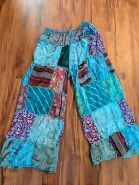 Turquoise Multi Patchwork Boho Wide-Leg Pants